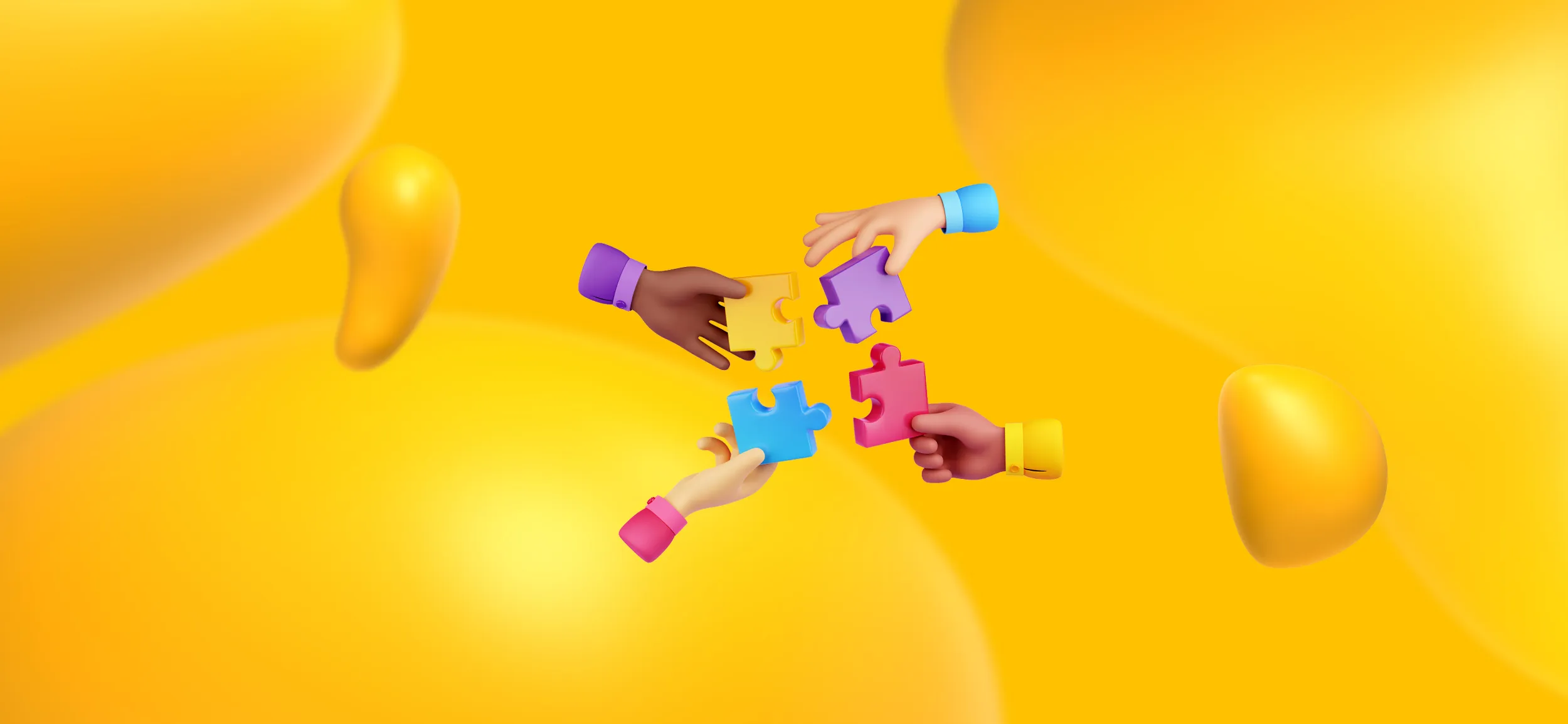 4 hands connecting 4 puzzle pieces. Collaboration is another key difference between Flocksy and Designity.