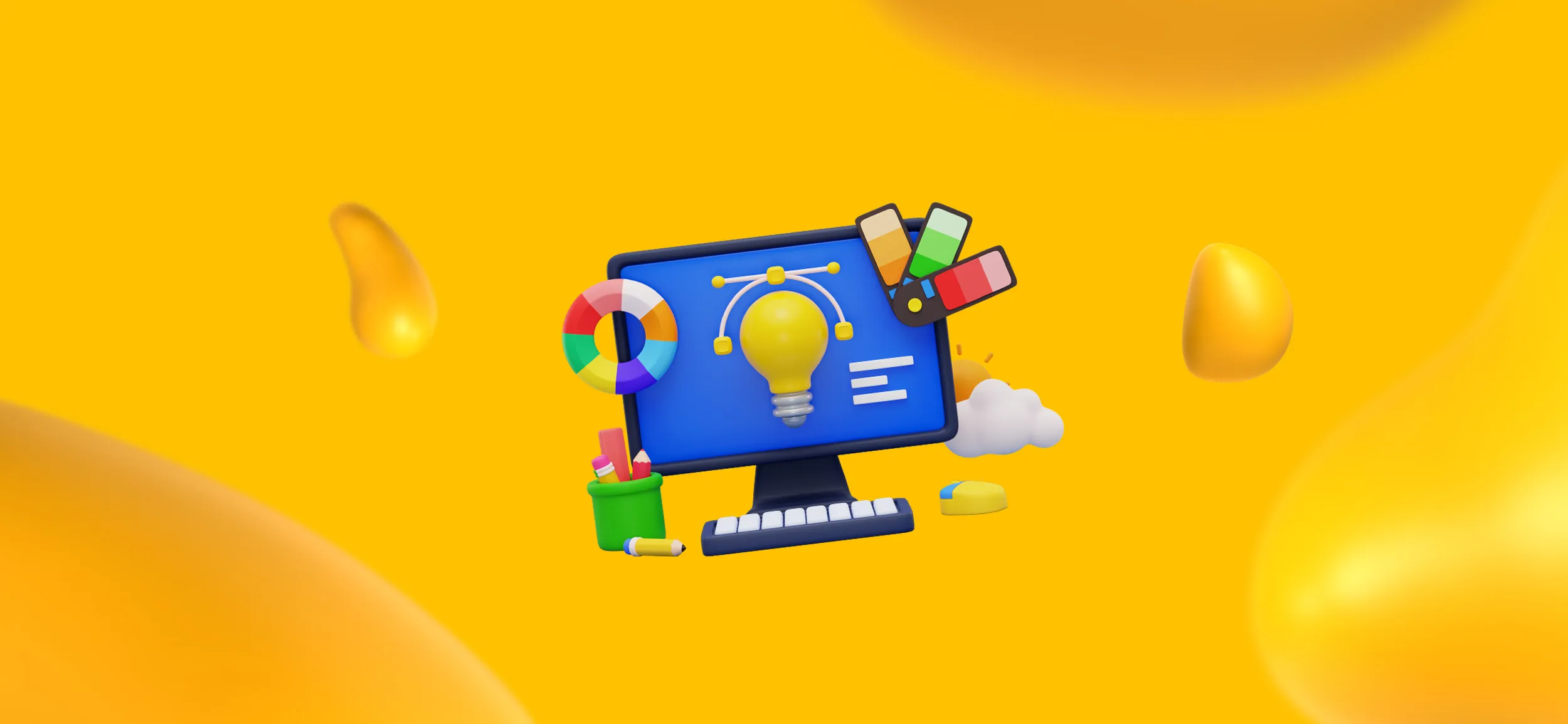 A computer monitor with elements of design, like a color palette, color wheel, pencils, and pen tool.