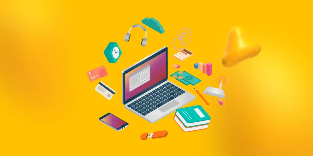 Elements of digital manufacturing marketing tools, like a laptop, thumb drive, cell phone, graphs, and more.