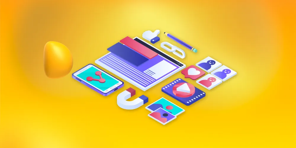 Elements of digital advertising, like a smartphone, social media icons, links, and photos.