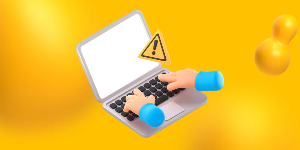 A set of hands typing on a laptop with a warning sign on screen. These are the mistakes to avoid when choosing a digital advertising service for your brand.