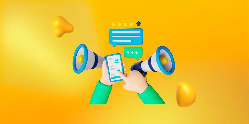 Bullhorns, online reviews, and a hand typing on a smartphone for "building brand authority," a benefit of good content writing.