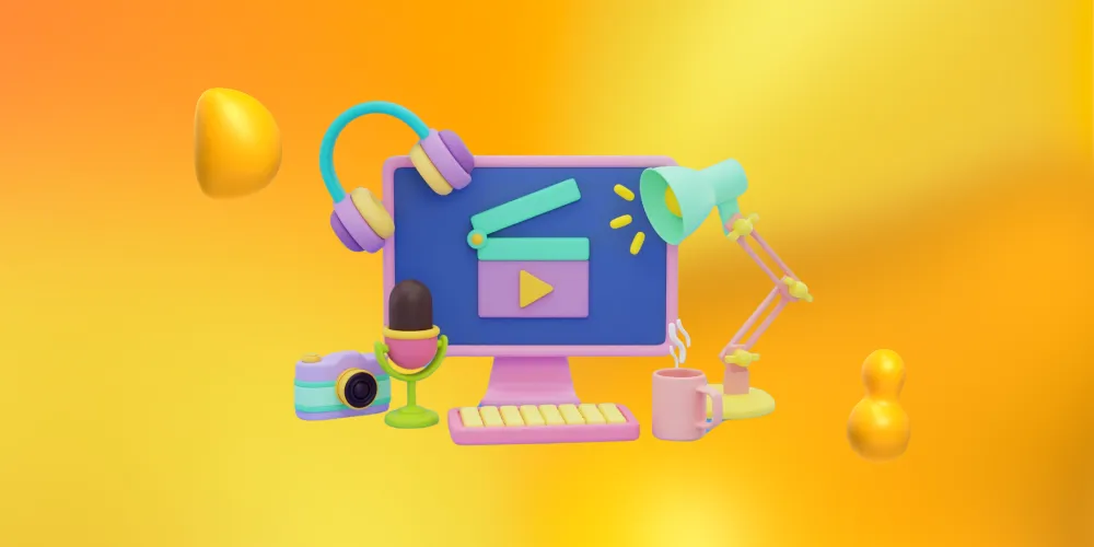 A computer displaying video and surrounded by elements of animation, like headphones, a camera, and a microphone.