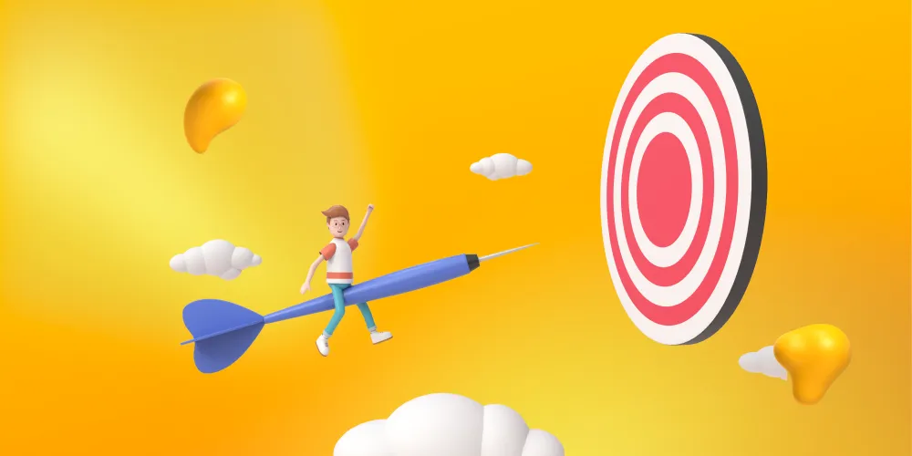 A man on a dart that is flying into a bullseye. A marketing audit can help you define your goals.