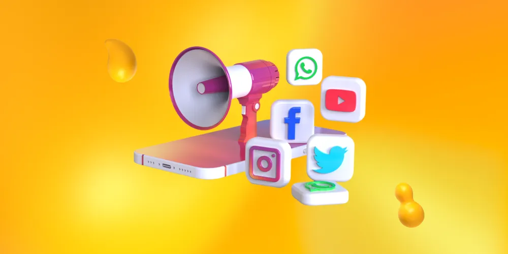 Logos for Twitter, Facebook, Instagram, WhatsApp, and YouTube surrounding a megaphone and smartphone.