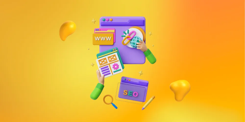 3D elements of a website, including SEO, links, folders, and an open tab. Here are the biggest factors that affect web design pricing.