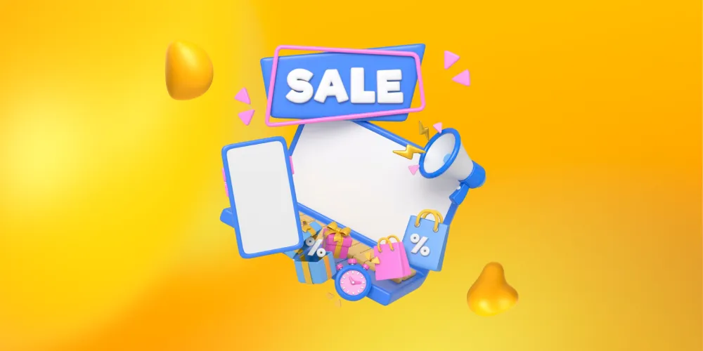 Elements of a sale like banners, shopping bags, and a megaphone. Seasonal and limited-time offers can help increase bookings.