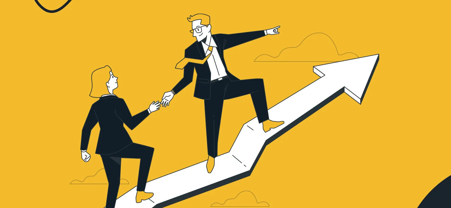 A man leads a woman up an arrow. They are against a yellow background.