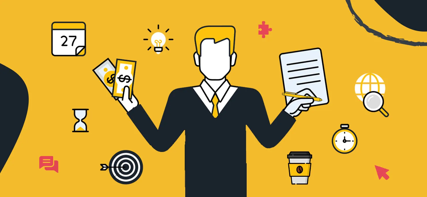 A man in a suit holds up elements of project management, like a calendar, a signed form, money, a coffee cup, and a lightbulb.
