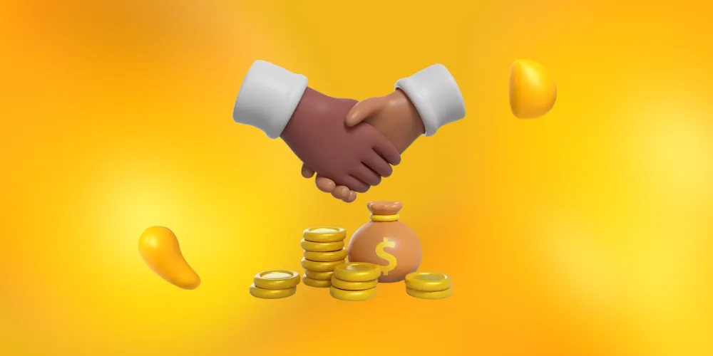 Two hands shaking over a pile of gold coins. Sponsorships and athletic partnerships are how you build a winning sports brand in 2025.