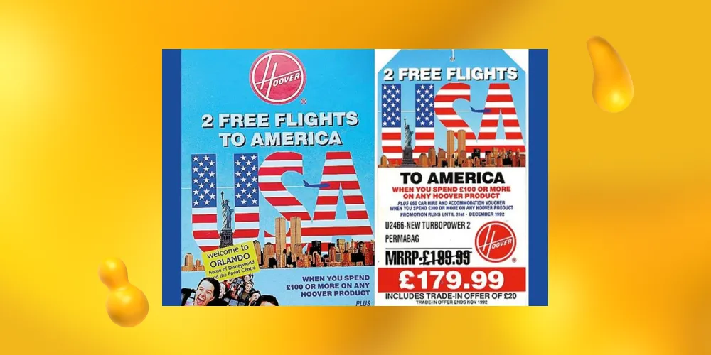 A 1992 ad for UK Hoover free flights promotion, one of Designity's picks for 13 worst marketing disasters in history.