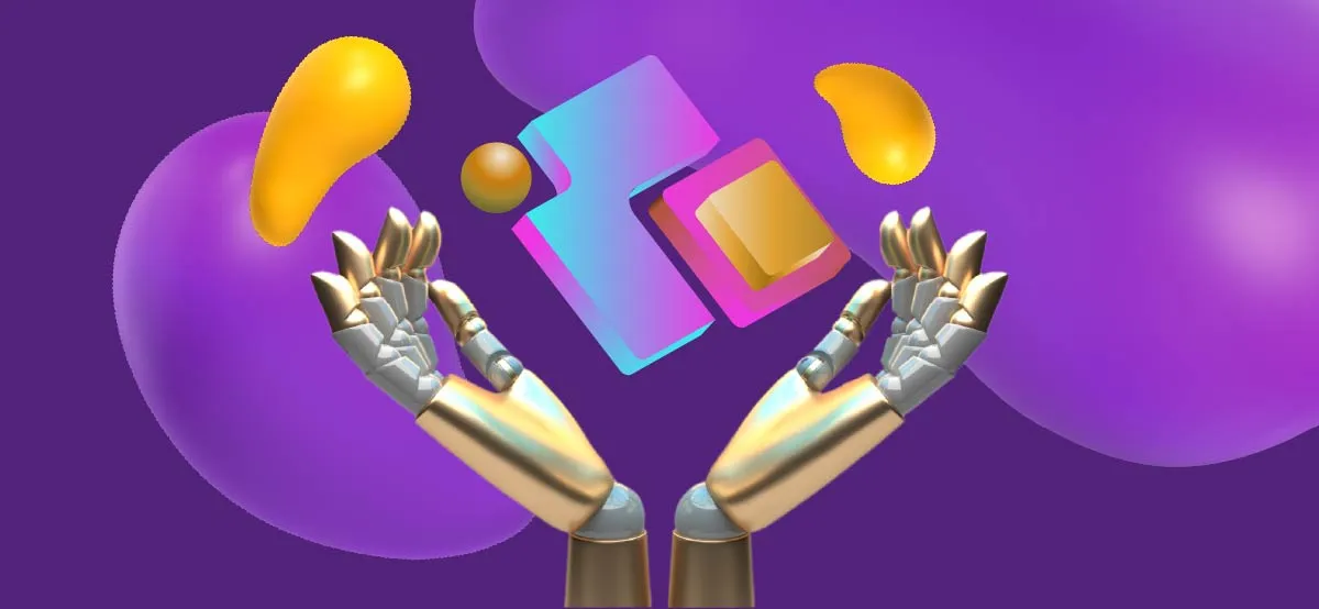 Robot hands reaching up for some geometric shapes. The best way to use AI logo makers.