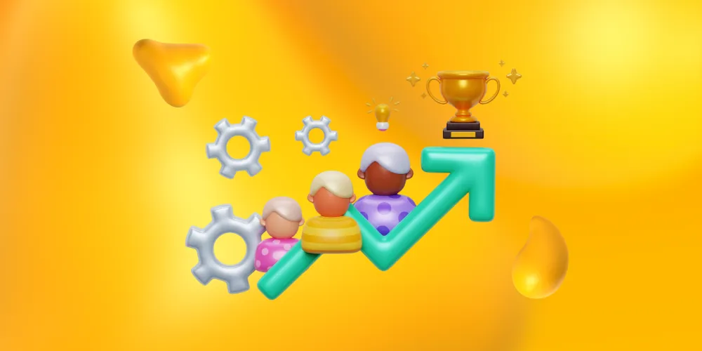 An arrow trending upward through customers and gears to a golden trophy. Here is how to build a successful automotive brand.