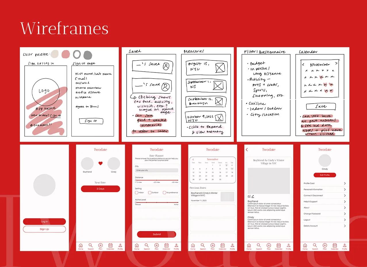 twodate mobile app design and coding by desigity low-fi and hi-fi wireframes