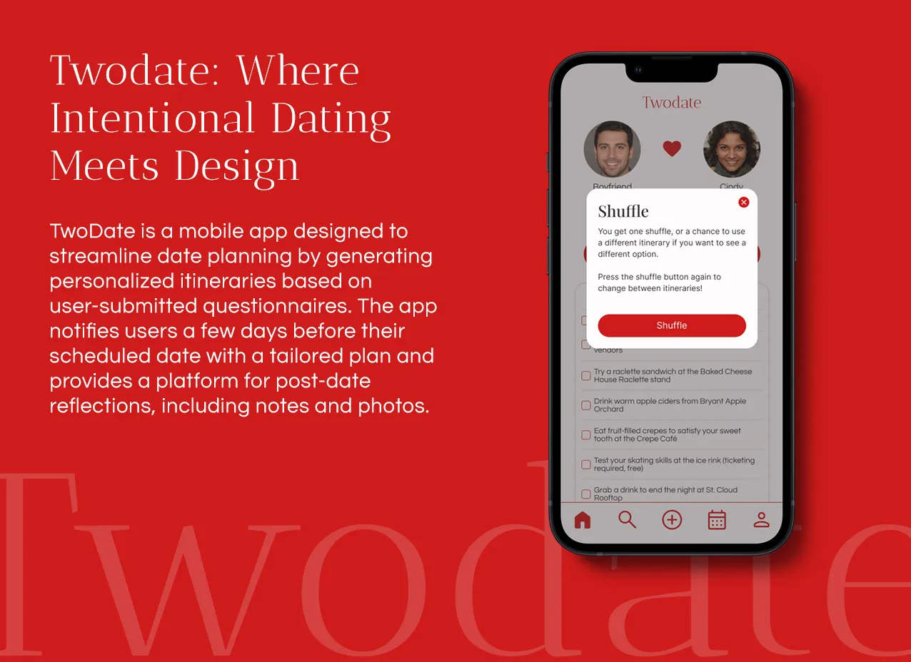 twodate mobile app design and coding by desigity project goals and shuffle feature on app