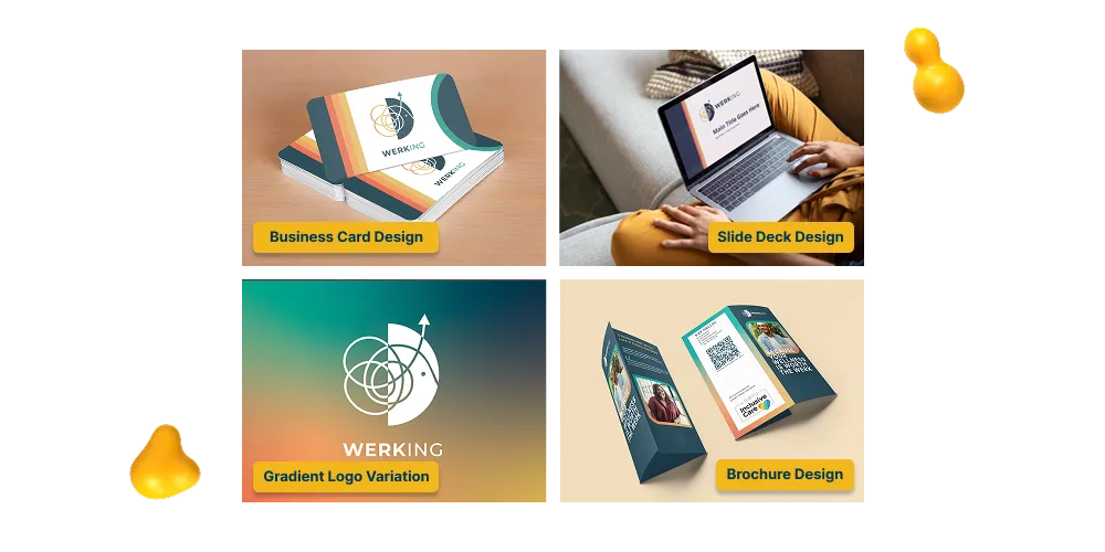 Business card design, slide deck design, brochure design, and a gradient logo variation developed for Werking Health.