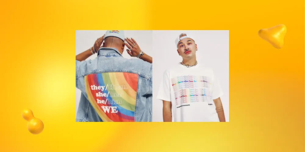 Images of men wearing Levi gear from their "All Pronouns. All Love." campaign.