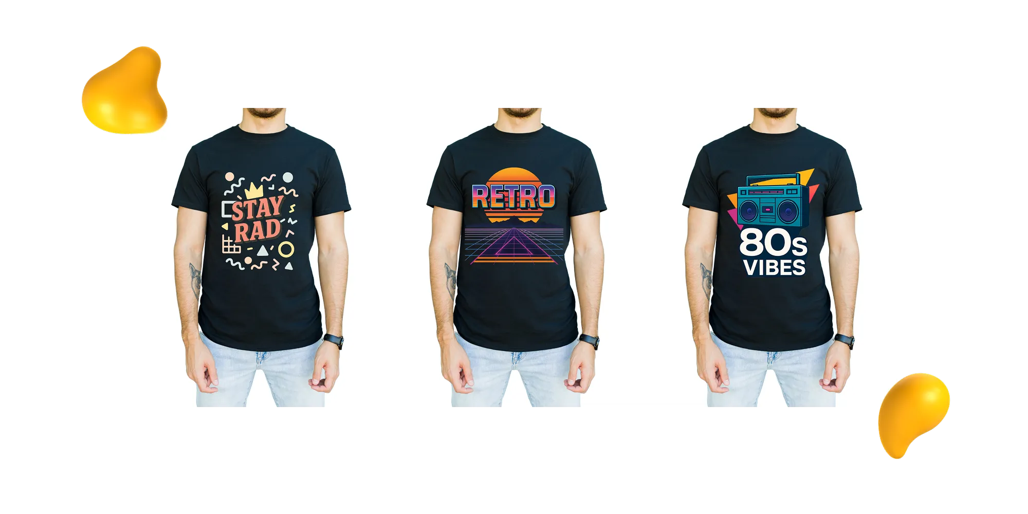 Three different concepts of an 80s style T-shirt.