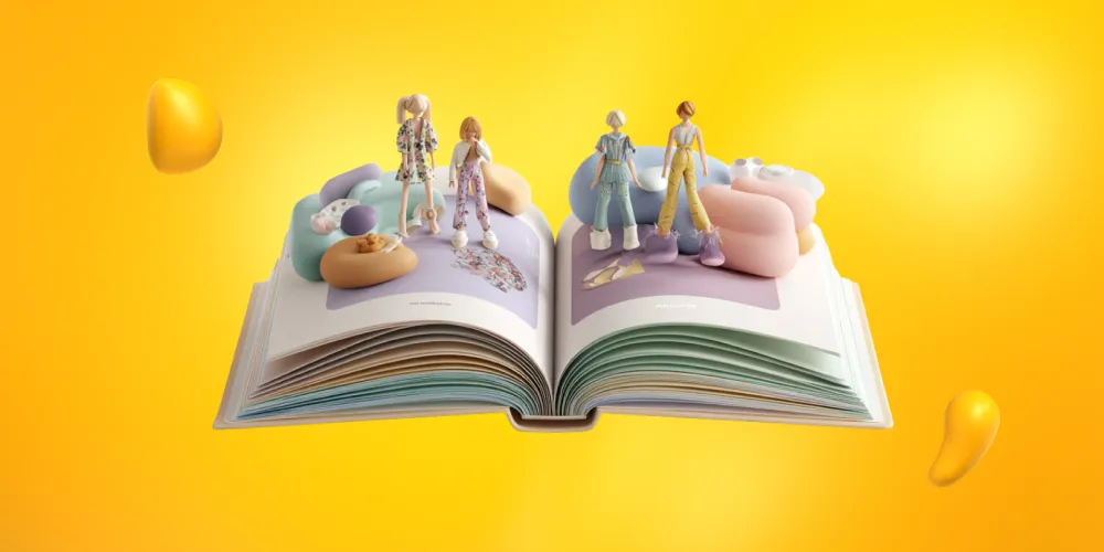 Four models standing on top of a fashion lookbook, surrounded by pastel furniture.