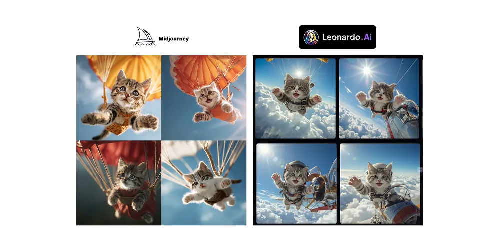 Side-by-side of image generated with Leonardo AI and Midjourney, using the prompt, "happy kitten parachuting from a plane."