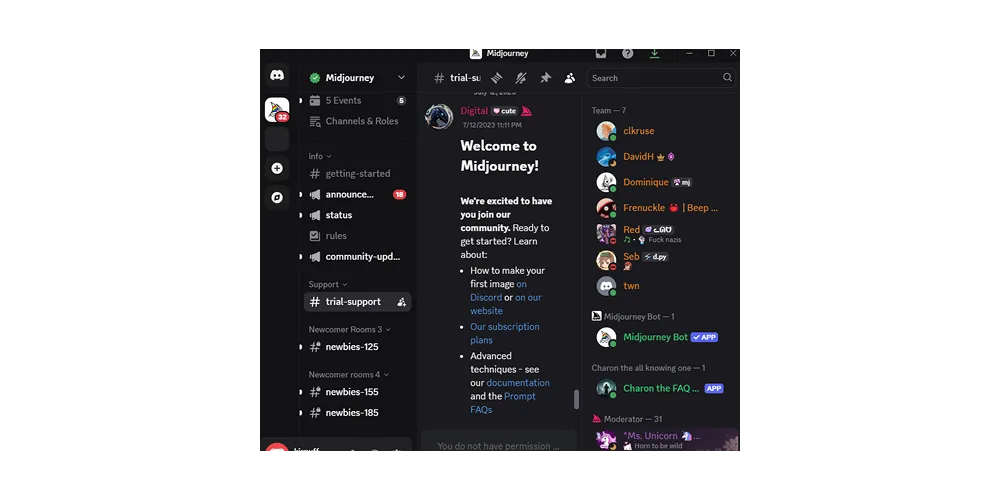 Screenshot of Midjourney support channel