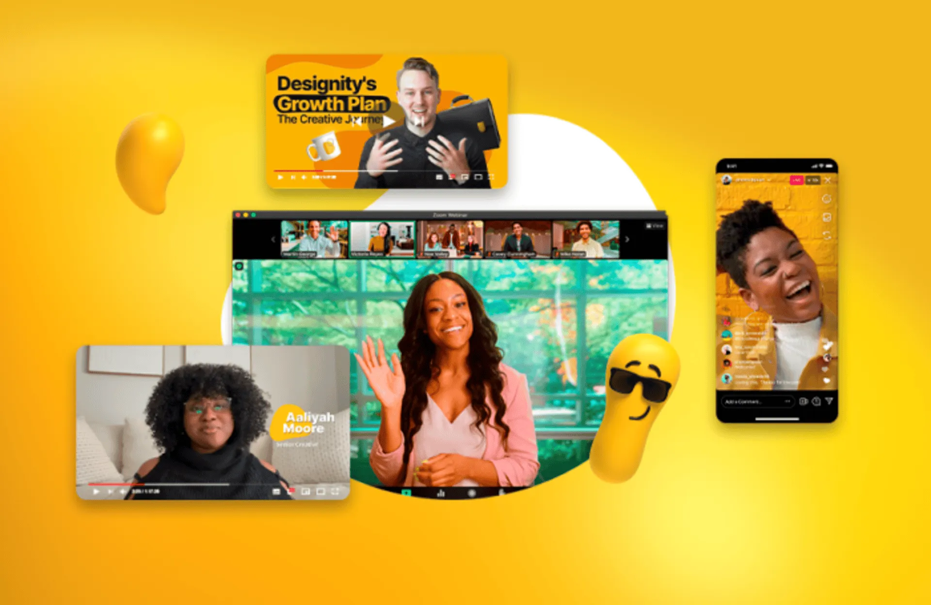 Collage of marketing videos including a testimonial, a virtual meeting, and a social media livestream on a phone, representing different video types.