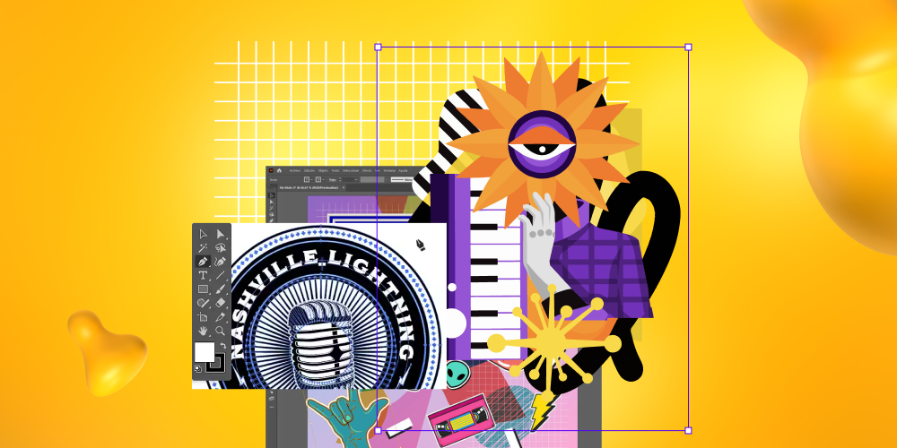 Vibrant illustration of Adobe Illustrator workspace with bold graphics including a sun with an eye, musical elements, and colorful abstract shapes on a yellow gradient background