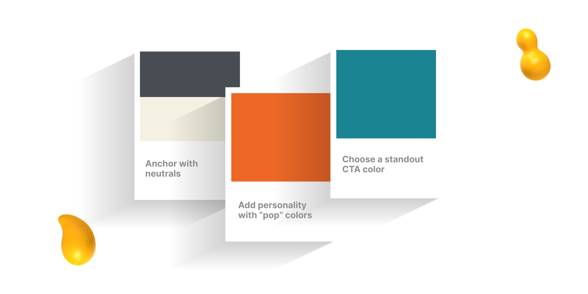 Color palette design showing neutral base, bold orange accent, and teal CTA color swatches for website and brand design.