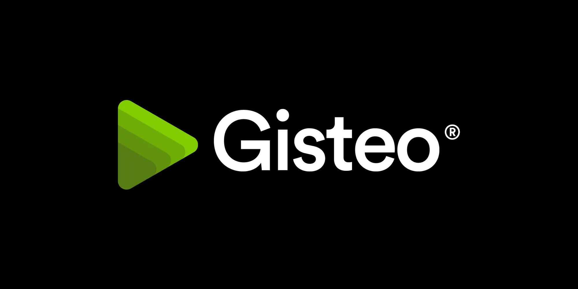 Gisteo logo with bold white text and a green gradient play button symbol on a black background
