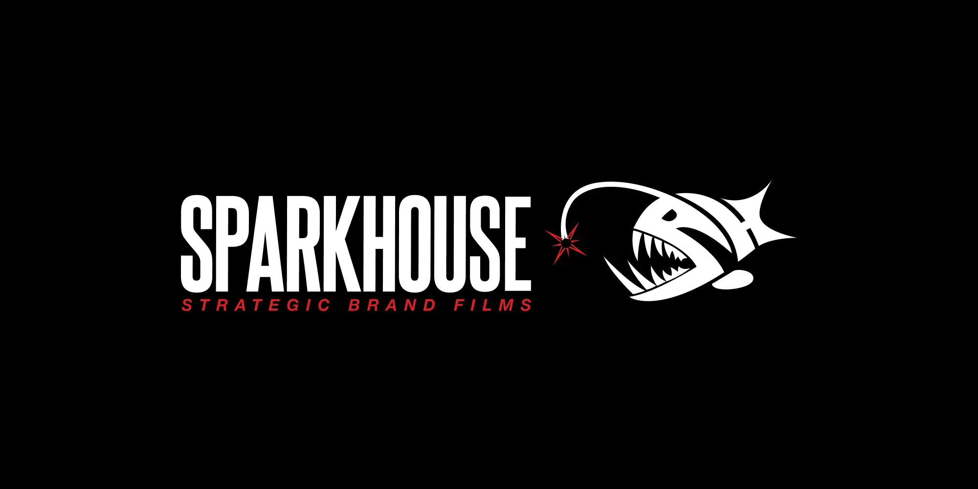 Sparkhouse logo with bold white text, red tagline “Strategic Brand Films,” and an illustrated anglerfish with a glowing lure, on a black background