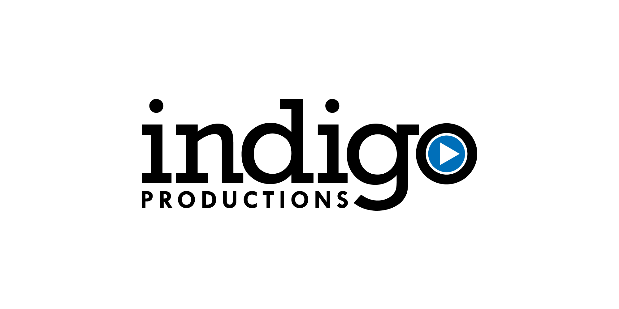 Indigo Productions logo with bold black text, a blue play button inside the letter “o,” and the word “Productions” in small caps below, on a white background