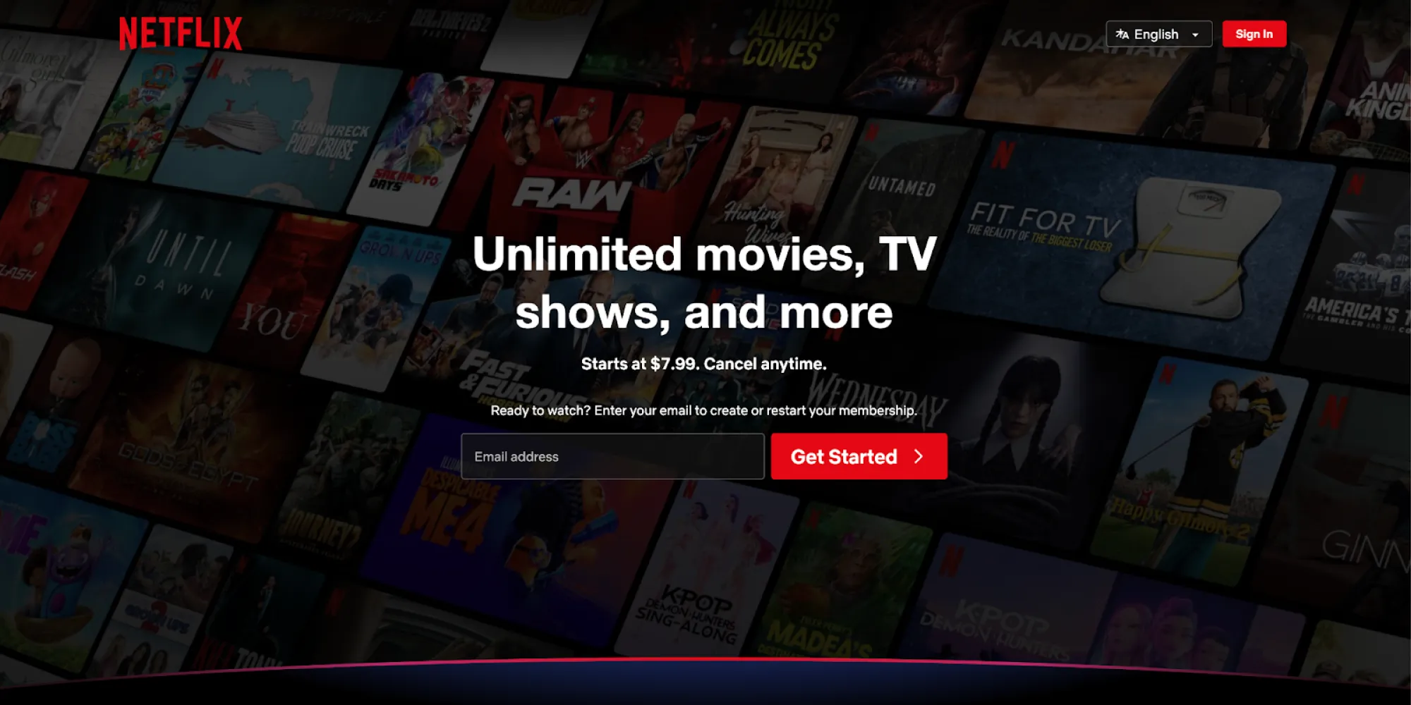 Netflix landing page with movie thumbnails promoting unlimited streaming and a simple email sign-up form