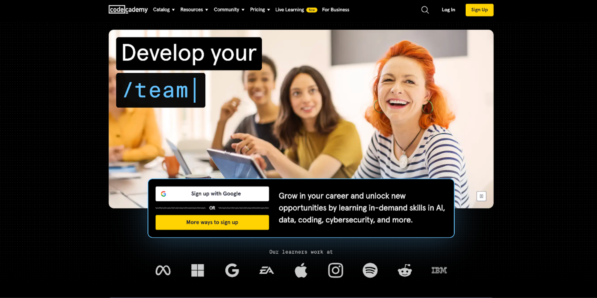 Codecademy landing page encouraging users to develop coding skills for career, team, or personal growth.