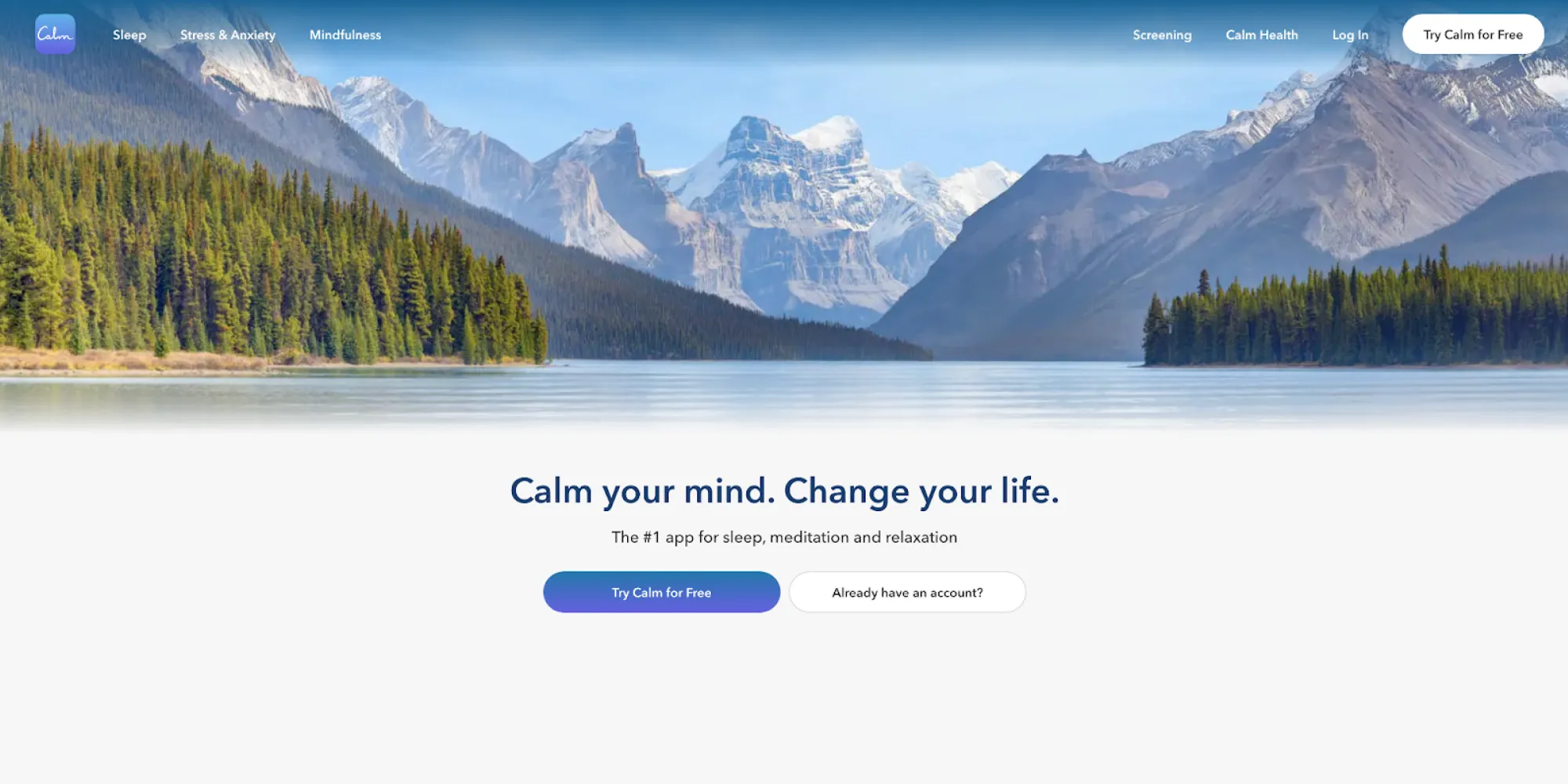 Calm app homepage with a serene mountain lake background promoting meditation and sleep features.