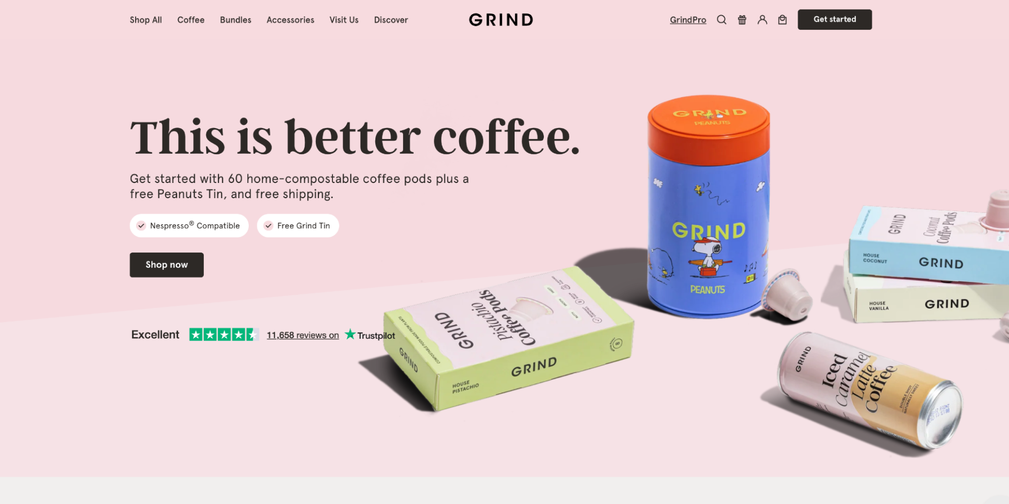 Grind coffee website featuring compostable coffee pods, a Peanuts-branded tin, and iced latte cans