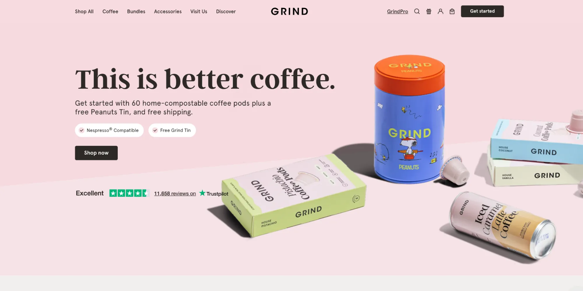 Grind coffee website featuring compostable coffee pods, a Peanuts-branded tin, and iced latte cans