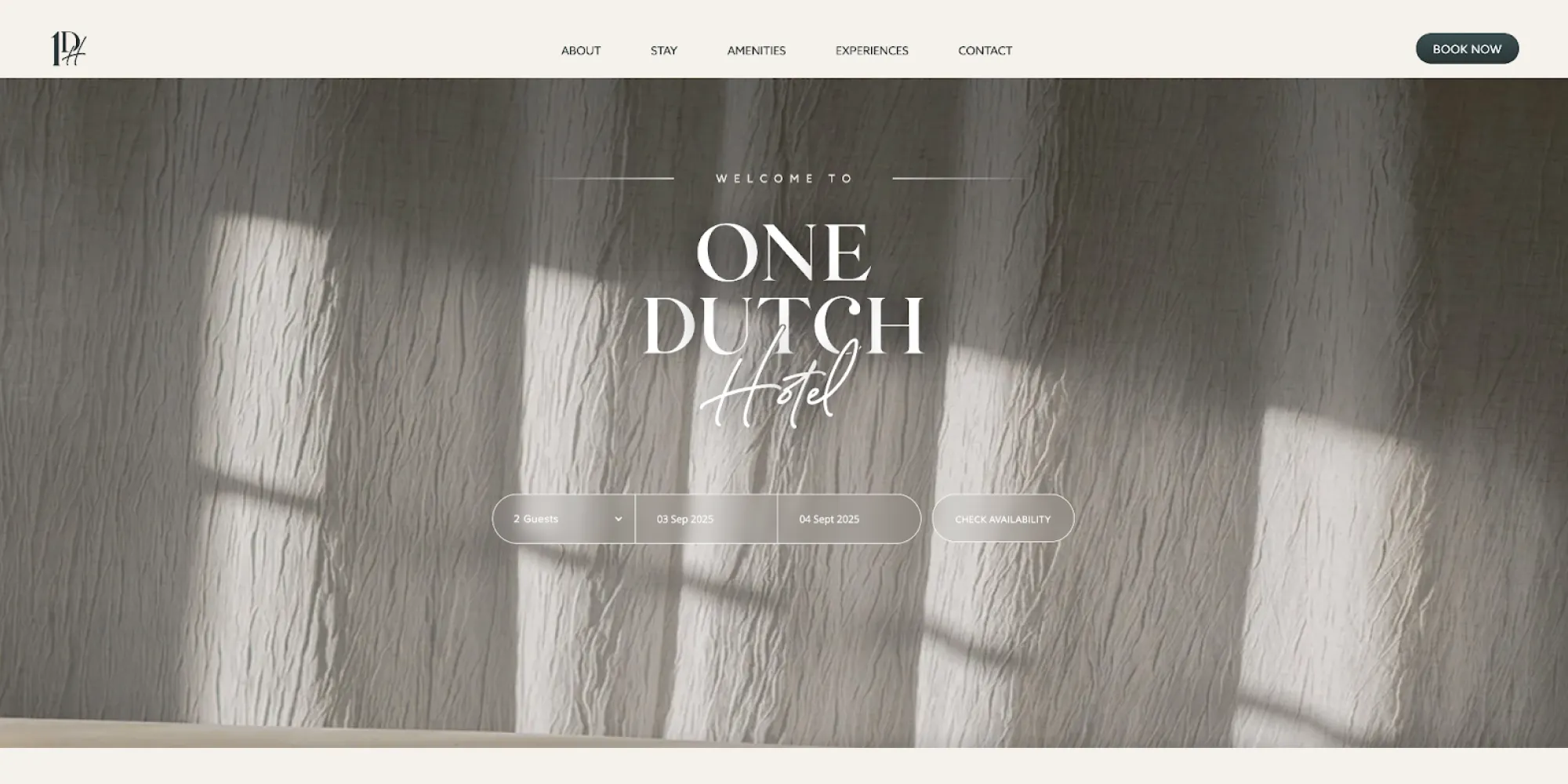 One Dutch Hotel website homepage with minimal design, muted colors, and a room booking form