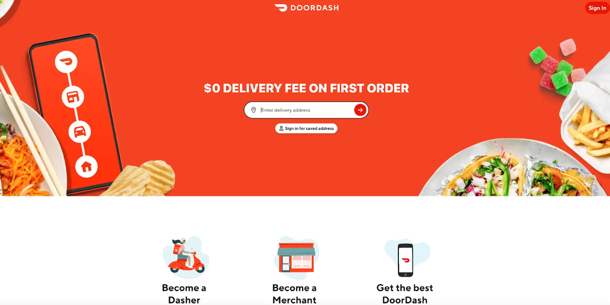 DoorDash homepage with bold red background offering free delivery on first order and links for merchants and dashers