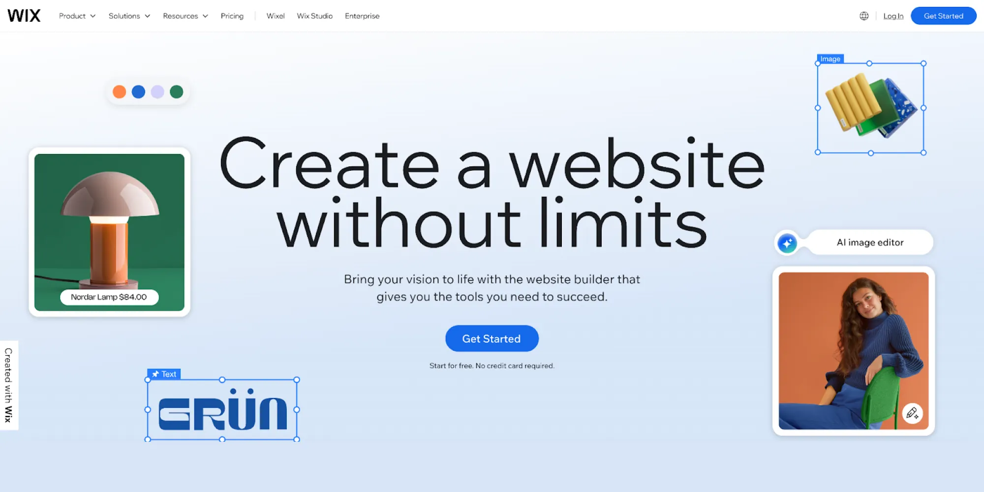 Wix website builder landing page featuring a modern design with drag-and-drop editing and AI tools