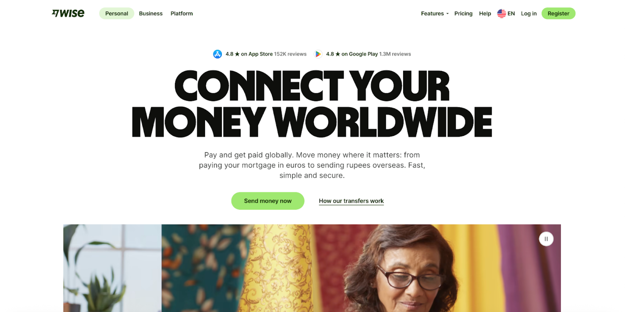 Wise homepage highlighting international money transfer services with a bold headline and call-to-action