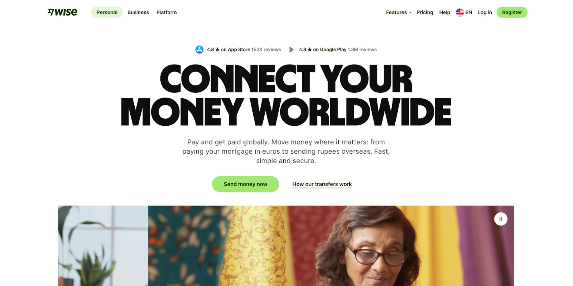 Wise homepage highlighting international money transfer services with a bold headline and call-to-action