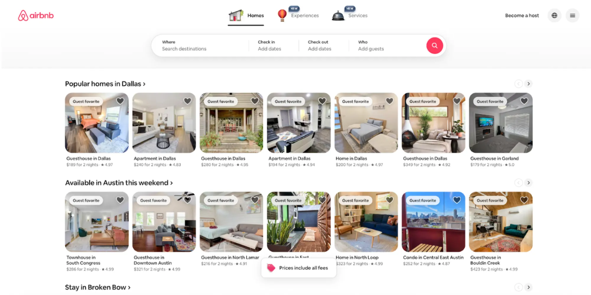 Airbnb homepage showing property search options and featured vacation rentals in Dallas and Austin