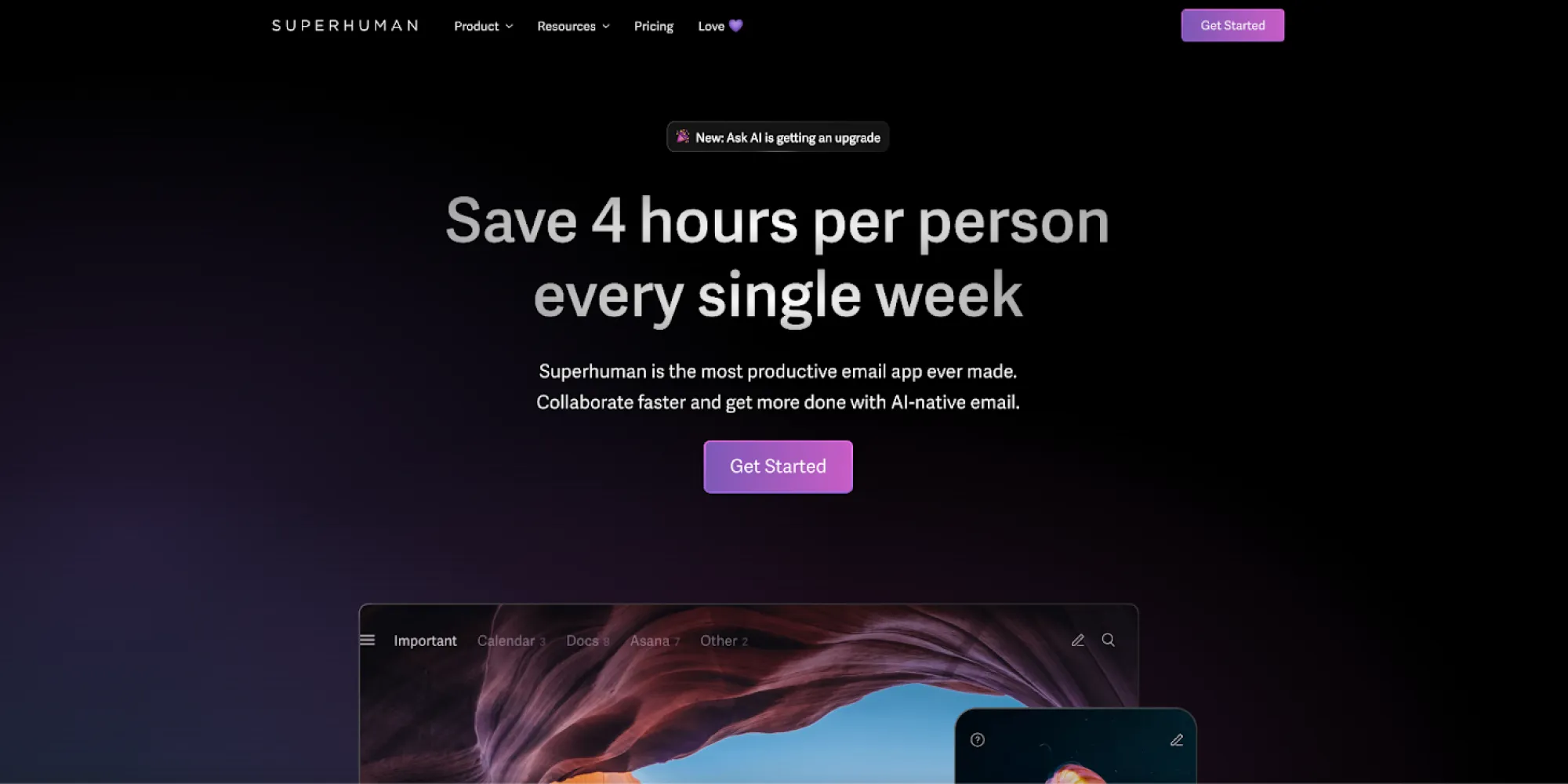 Superhuman email app homepage with a dark gradient background and tagline promising time savings