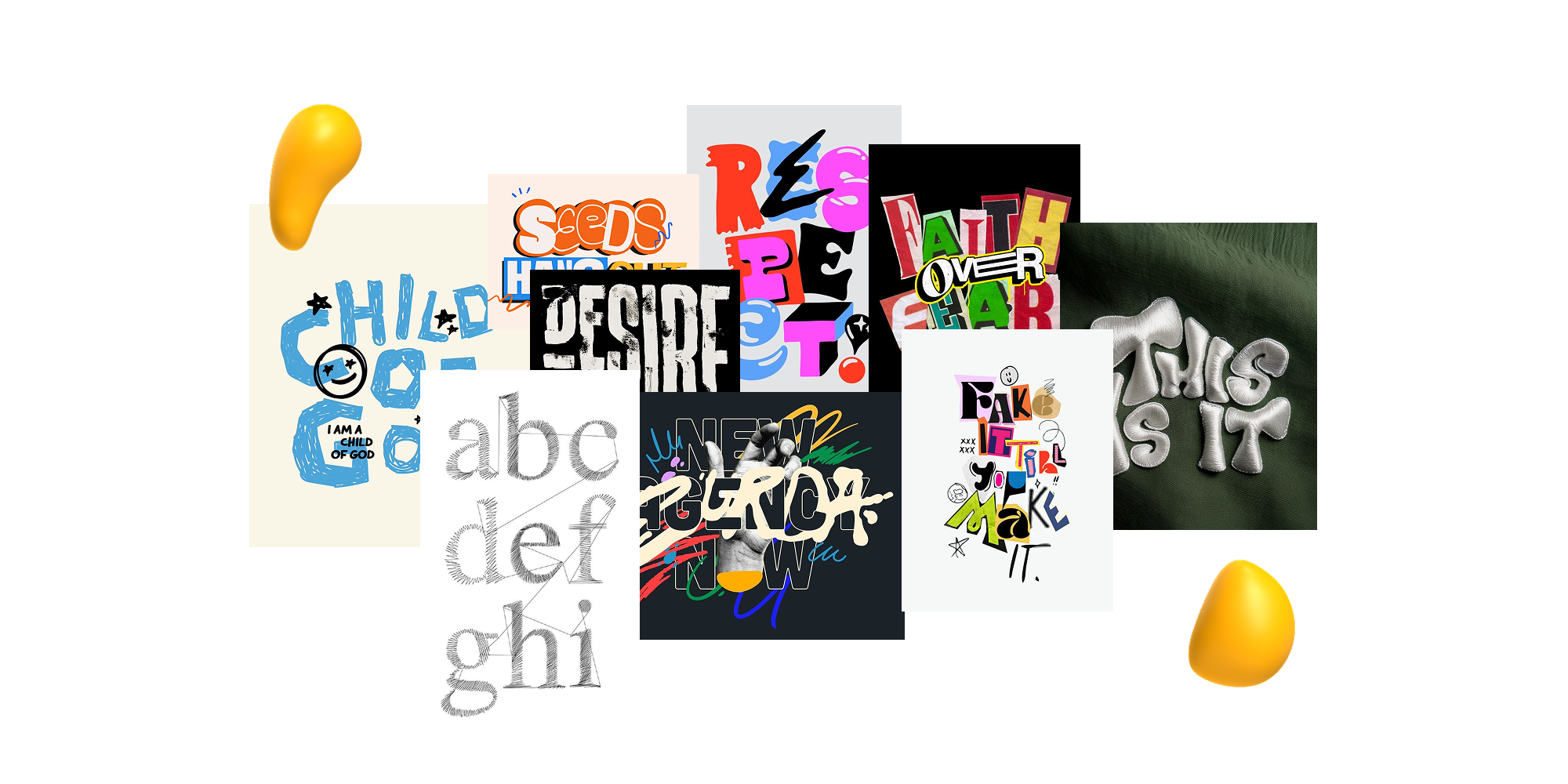 A bold anti-design typography collage featuring distorted and experimental lettering styles with high-contrast black and white designs