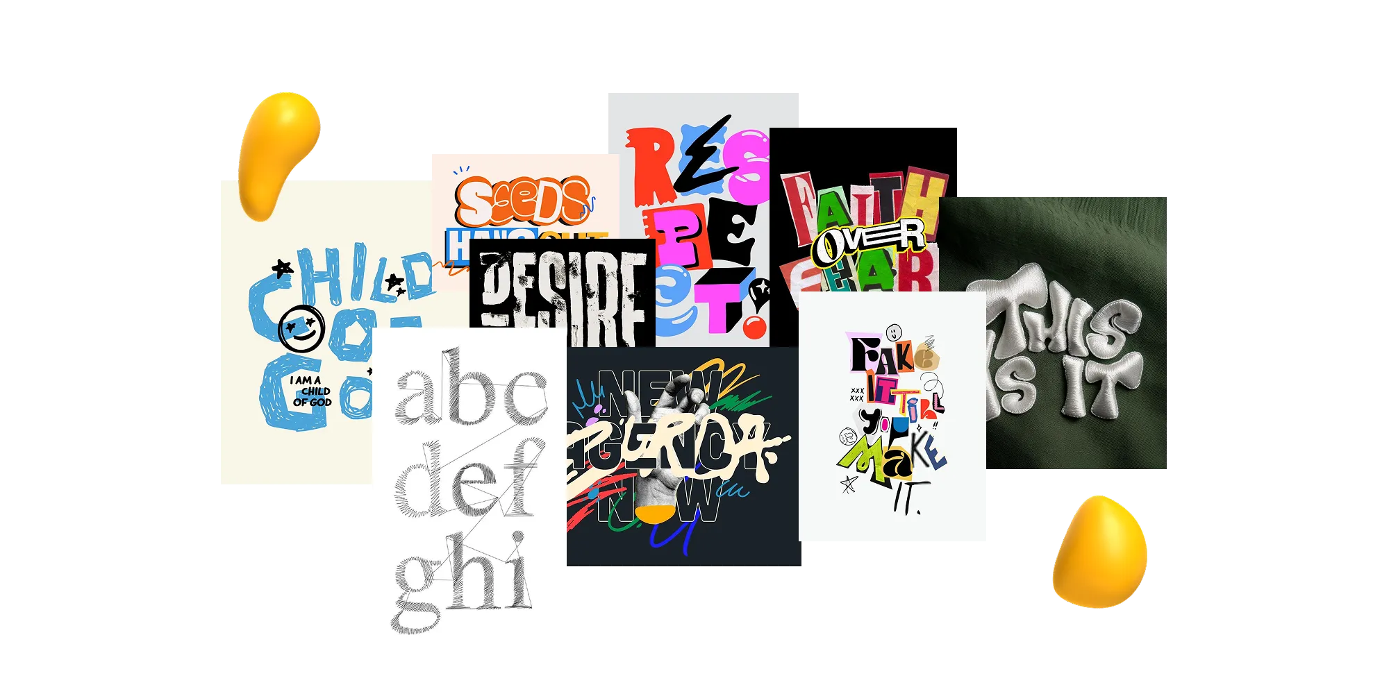 A bold anti-design typography collage featuring distorted and experimental lettering styles with high-contrast black and white designs