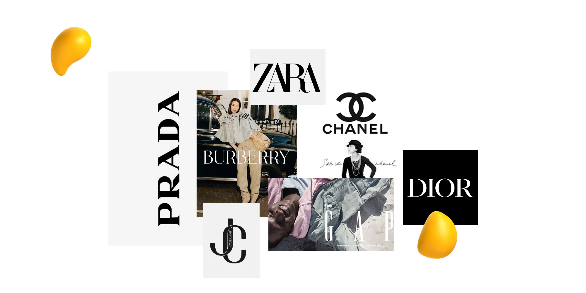A typography collage featuring luxury brand logos like Prada, Chanel, and Dior, emphasizing heritage, tradition, and timeless type design.