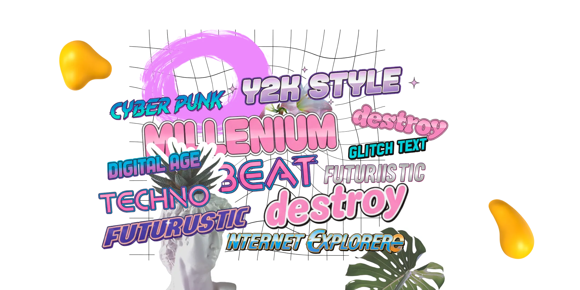 A colorful Y2K-inspired typography collage with retro digital fonts, neon gradients, and 2000s internet culture references