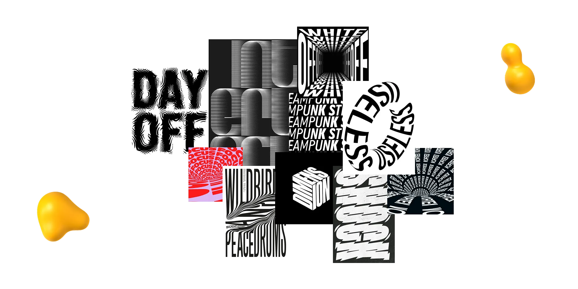 A dynamic typography collage with optical illusions, 3D text effects, and motion-inspired layouts creating a sense of depth and energy