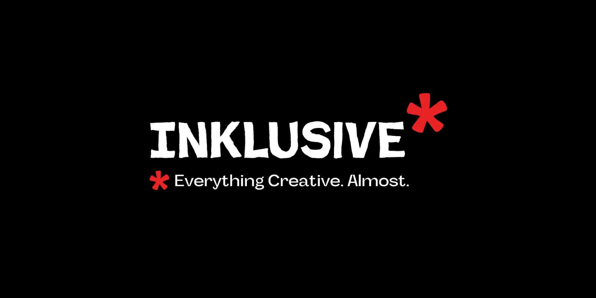Inklusive agency logo with white bold text, red asterisk, and tagline “Everything Creative. Almost.”