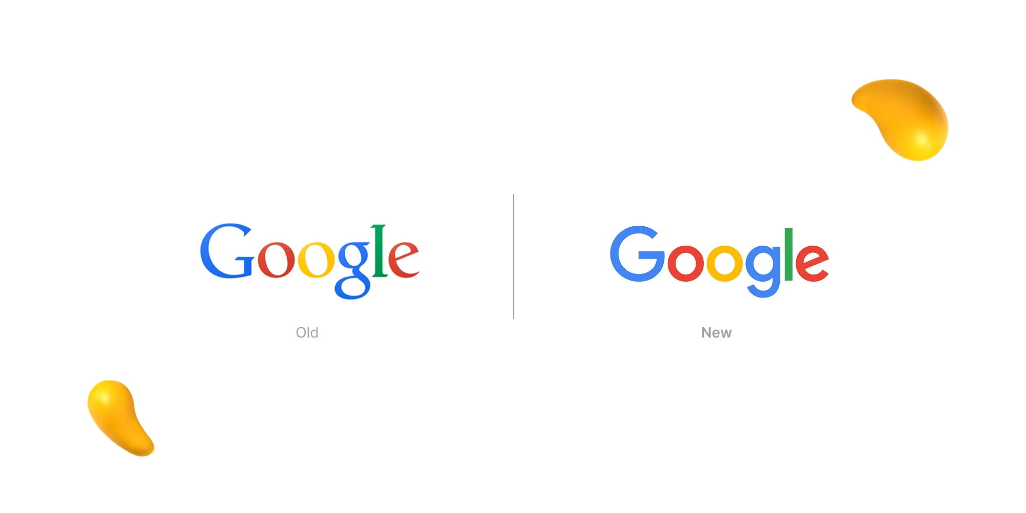 Side-by-side comparison of Google’s old serif font logo and the current flat, sans-serif logo in the same multicolor scheme.
